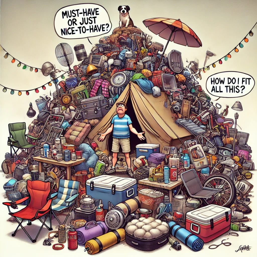 "En forvirret campist står midt i en enorm bunke af campingudstyr til Camp-let, uden telt eller campingvogn i syne. Jorden er dækket af et overdrevet kaos af pladsbesparende campinggrej, inklusive sammenfiltrede lyskæder, foldestole, gasblus, kæmpe soveposer, gryder, kølebokse, oppustelige madrasser og alt for meget andet campingudstyr. En taleboble med teksten 'Must-have or just nice-to-have?' og 'How do I fit all this?' svæver over ham. En lille hund sidder på toppen af en bunke udstyr og ser lige så forvirret ud. Baggrunden er minimalistisk for at fremhæve kaosset af grej til teltvognscamping