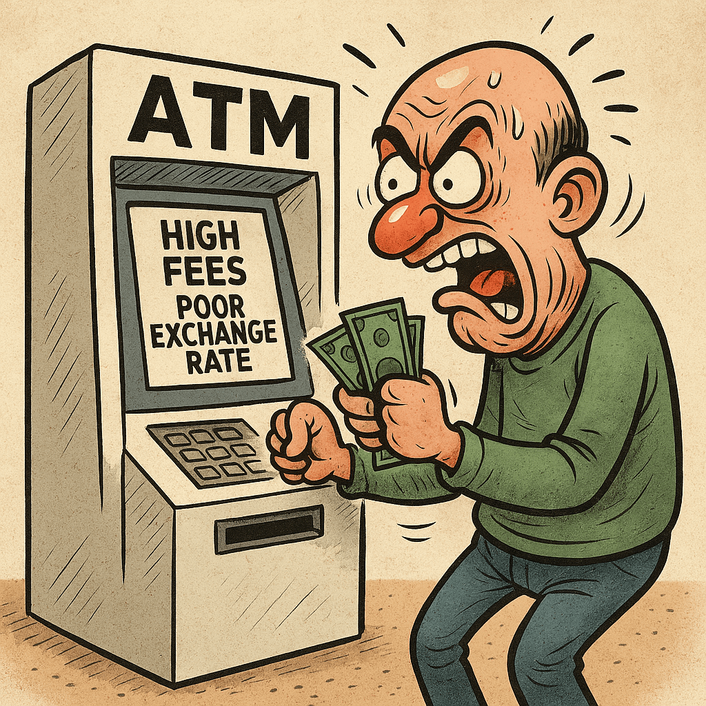 Humoristisk karikatur af en 50-årig mand, der bliver snydt foran en ATM med teksten "HIGH FEES" og "BAD RATE" – typisk for uofficielle automater.