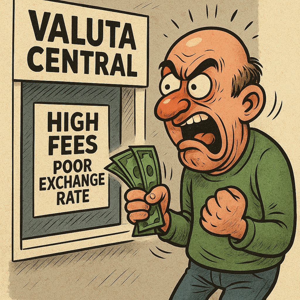 Karikatur af en vred og frustreret mand foran et vekselkontor med teksten "HIGH FEES" og "POOR EXCHANGE RATE" – illustrerer faldgruber ved at veksle kontanter.