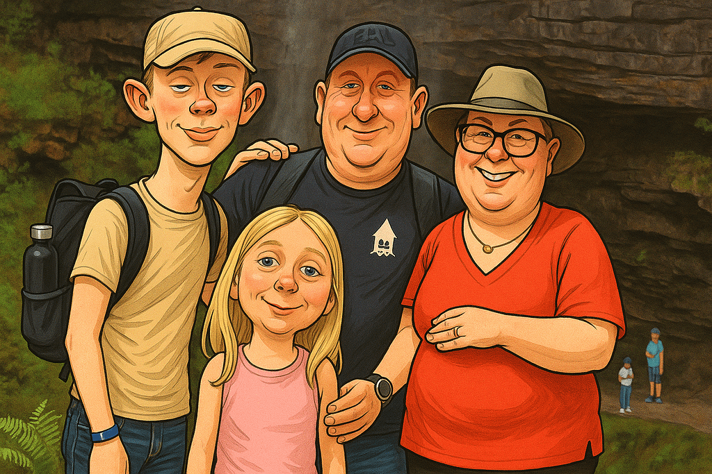 Sjov karikatur af dansk familie på campingtur, med store smil og overdrevne ansigtstræk foran klippevæg og grøn natur.