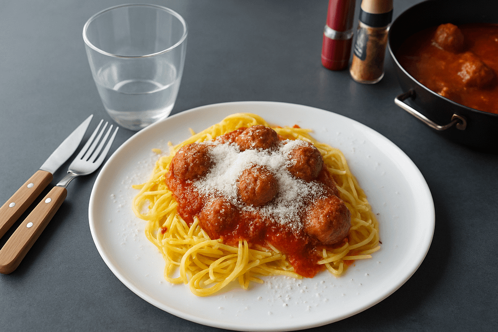 Spaghetti med kødboller serveret som nem campingmad, med krydret tomatsauce og friskrevet parmesan på en tallerken..