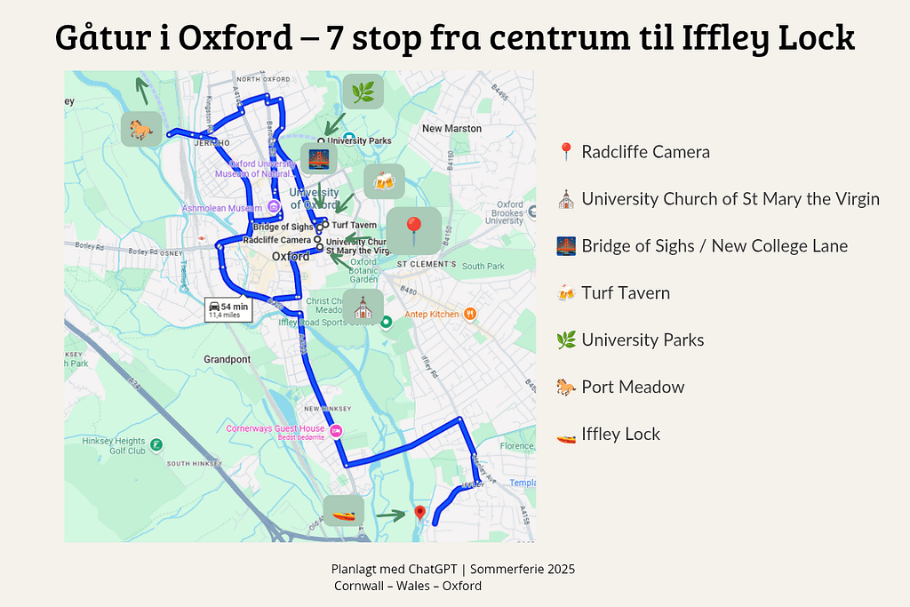 Pinterest-grafik over selv-guidet gåtur i Oxford med 7 stop, planlagt med ChatGPT. Ruten går fra Radcliffe Camera til Iffley Lock og passerer historiske seværdigheder, parker og naturoplevelser.