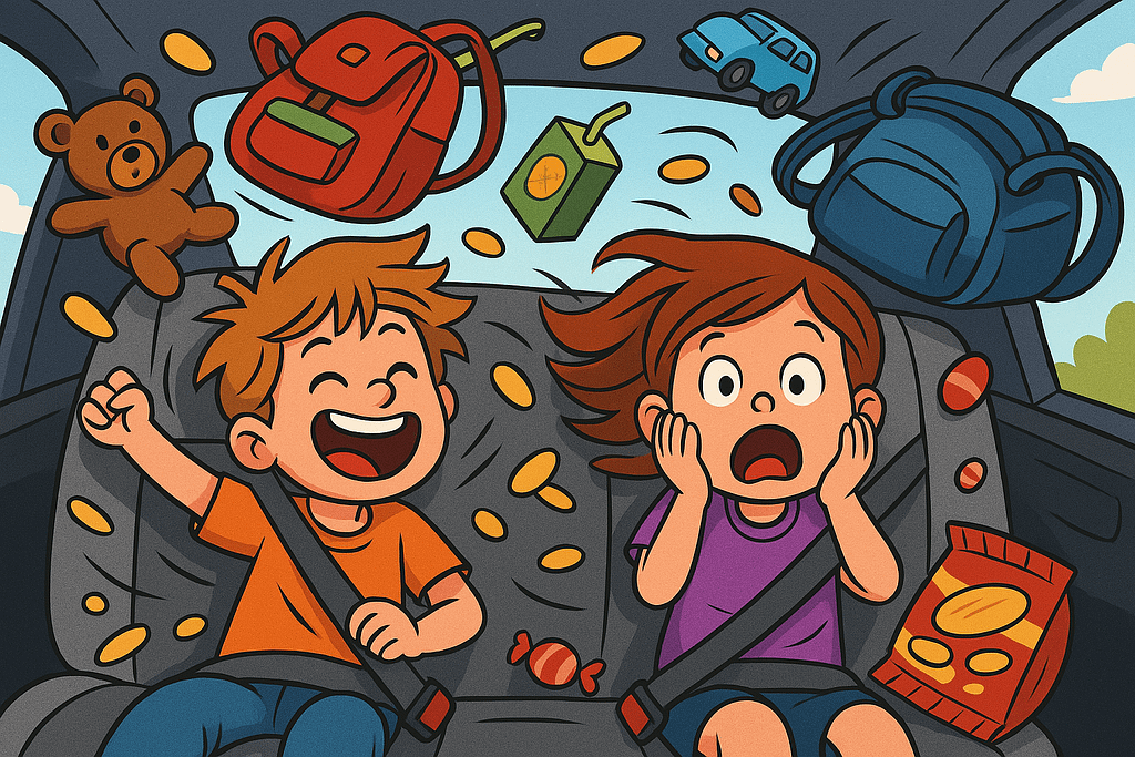To børn i kaotisk bil på vej på ferie med snacks, legetøj og tasker flyvende omkring dem – humoristisk illustration til blogindlæg om lange køreture med børn.

