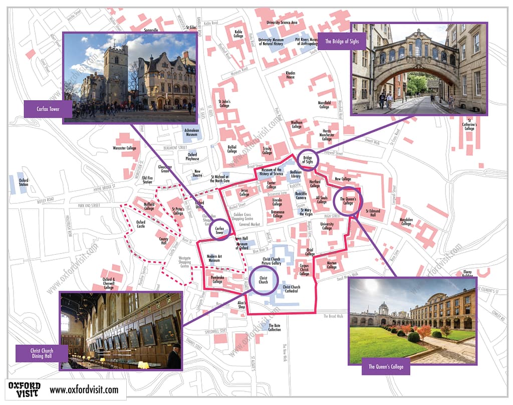 Kort over selv-guidet gåtur i Oxford med stop ved Radcliffe Camera, University Parks, Port Meadow og Iffley Lock.