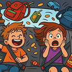 To børn i kaotisk bil på vej på ferie med snacks, legetøj og tasker flyvende omkring dem – humoristisk illustration til blogindlæg om lange køreture med børn.