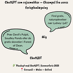 samtale mellem mig og ChatGPT om gratis naturoplevelser nær Lydney i Wales – forslag som Devil’s Pulpit, Soudley Ponds og skovstier i Forest of Dean. Viser chatGBT som rejsemakker