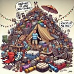 "En forvirret campist står midt i en enorm bunke af campingudstyr til Camp-let, uden telt eller campingvogn i syne. Jorden er dækket af et overdrevet kaos af pladsbesparende campinggrej, inklusive sammenfiltrede lyskæder, foldestole, gasblus, kæmpe soveposer, gryder, kølebokse, oppustelige madrasser og alt for meget andet campingudstyr. En taleboble med teksten 'Must-have or just nice-to-have?' og 'How do I fit all this?' svæver over ham. En lille hund sidder på toppen af en bunke udstyr og ser lige så forvirret ud. Baggrunden er minimalistisk for at fremhæve kaosset af grej til teltvognscamping
