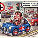 Sjov illustration af en panikslagen bilist, der forsøger at køre i venstre side i England. Chaufføren sveder, mens en passager holder et kort på hovedet. Et vejskilt siger ‘Welcome to the UK – Drive on the Left!’, mens andre bilister dytter. En humoristisk gengivelse af den klassiske udfordring ved venstrekørsel.