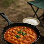 Chicken Garam Masala simrer i gryden over campingblus – nem og smagfuld campingmad i én gryde.