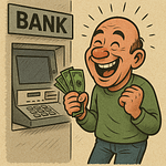 Tegning af glad skaldet mand foran en bankautomat, hvor han hæver penge uden problemer – en påmindelse om fordelene ved at hæve i rigtige banker til valuta på rejsen.