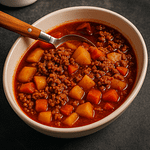 Skål med Camping Picadillo – krydret one pot-ret med oksekød, kartofler og gulerødder serveret på campingbord