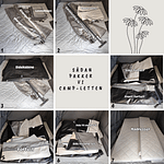 Pakning af Camp-let – trin for trin collage med billeder af fortelt, sidekabine, madrasser og køkkenudstyr inde i teltvogn