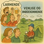Karikaturtegning, der viser danske turisters fordomme om larmende englændere, mens de i virkeligheden oplever dem som venlige og imødekommende under camping i England.