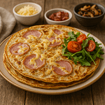 Salte hollandske pandekager med skiver af skinke og smeltet ost, serveret med frisk rucola og cherrytomater – klassisk fyld inspireret af Efteling