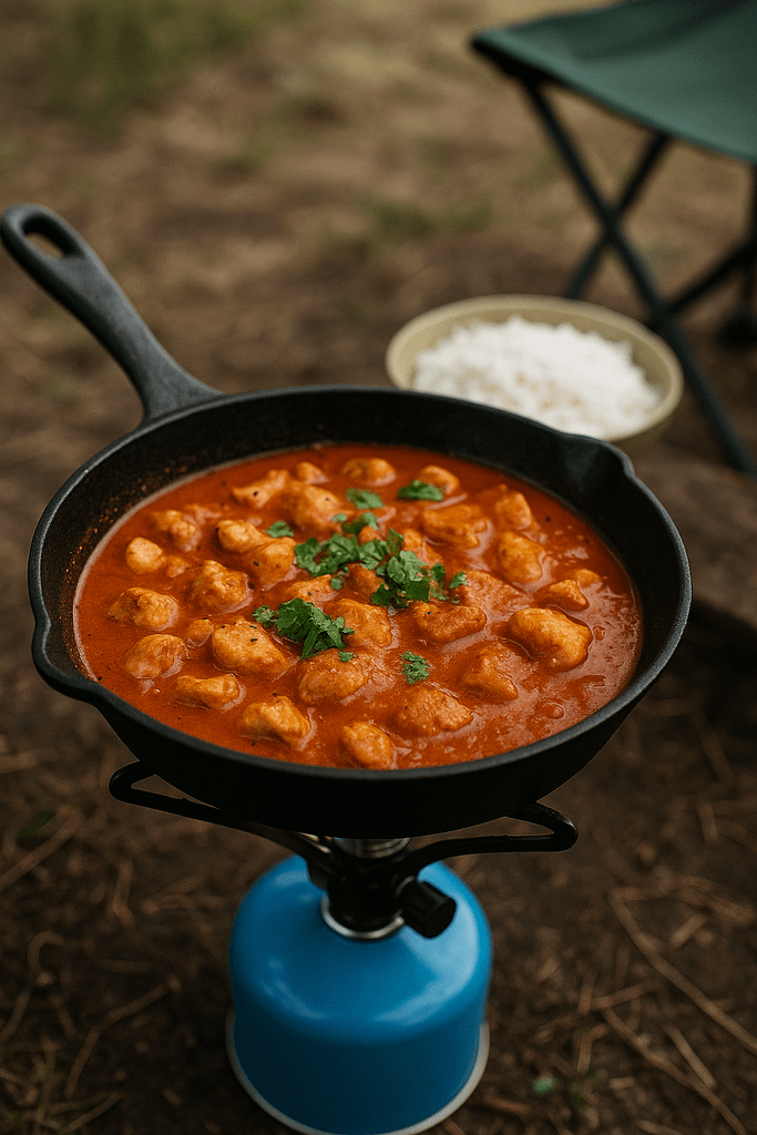 Chicken Garam Masala simrer i gryden over campingblus – nem og smagfuld campingmad i én gryde.