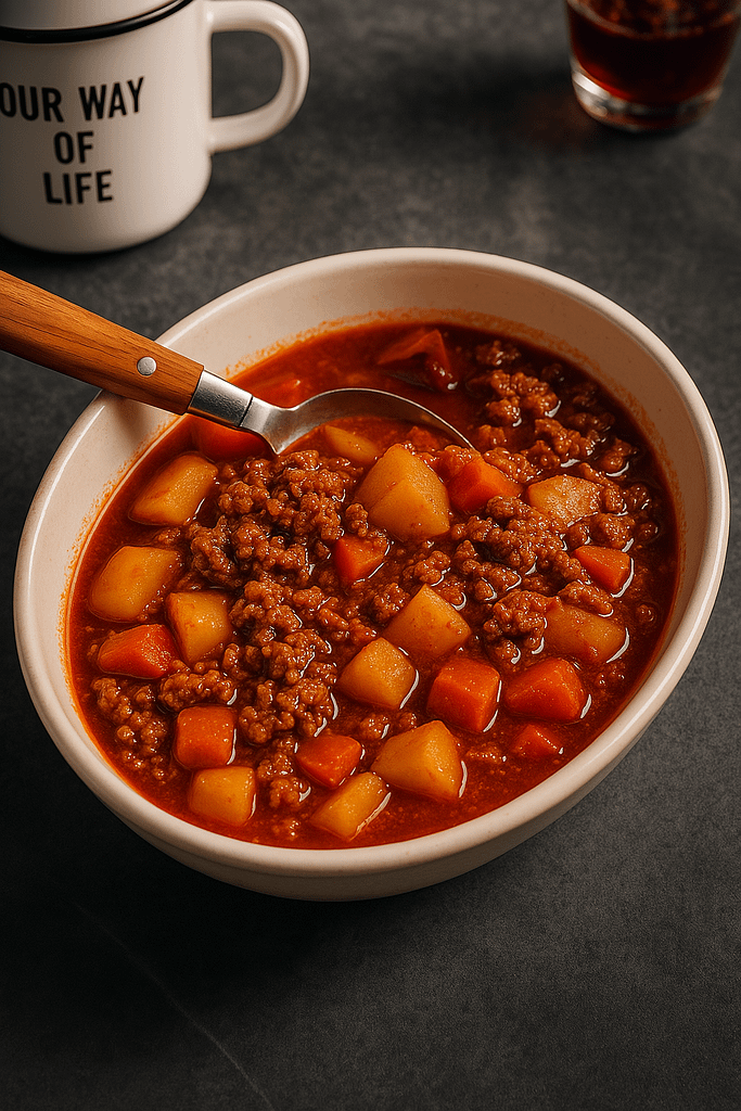 Skål med Camping Picadillo – krydret one pot-ret med oksekød, kartofler og gulerødder serveret på campingbord