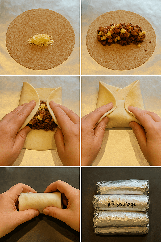 Trin-for-trin collage med billeder der viser, hvordan man samler og pakker en morgenmadsburrito med ost, kød, æg, bacon og kartofler – klar til fryseren og camping