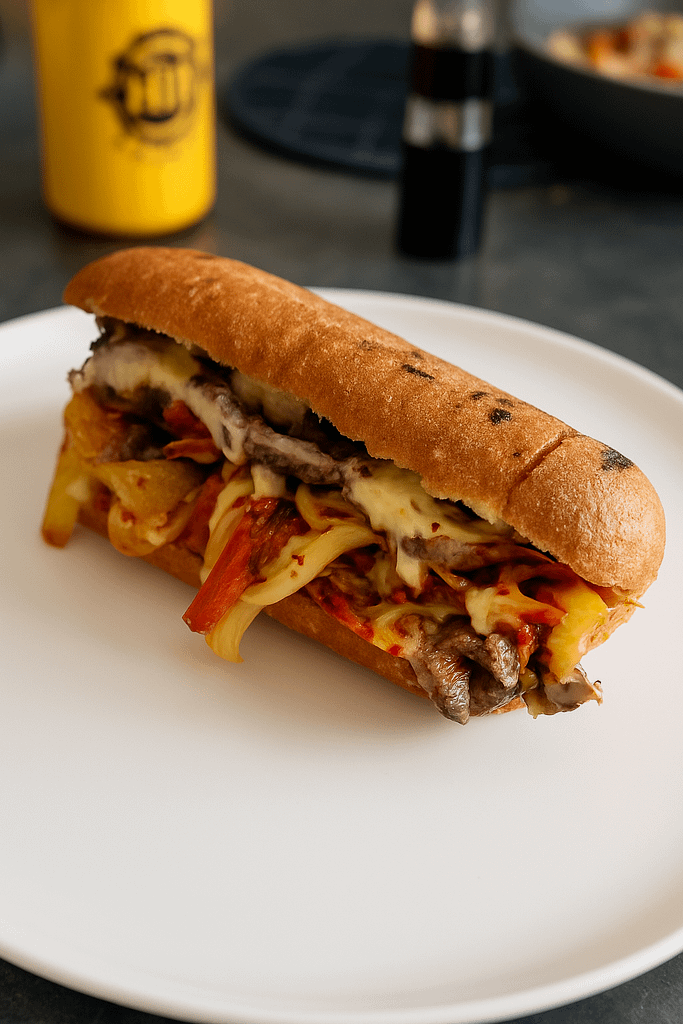 Philly steak sandwich lavet på Cadac paellapande med saftigt oksekød, smeltet ost og peberfrugt, perfekt til camping