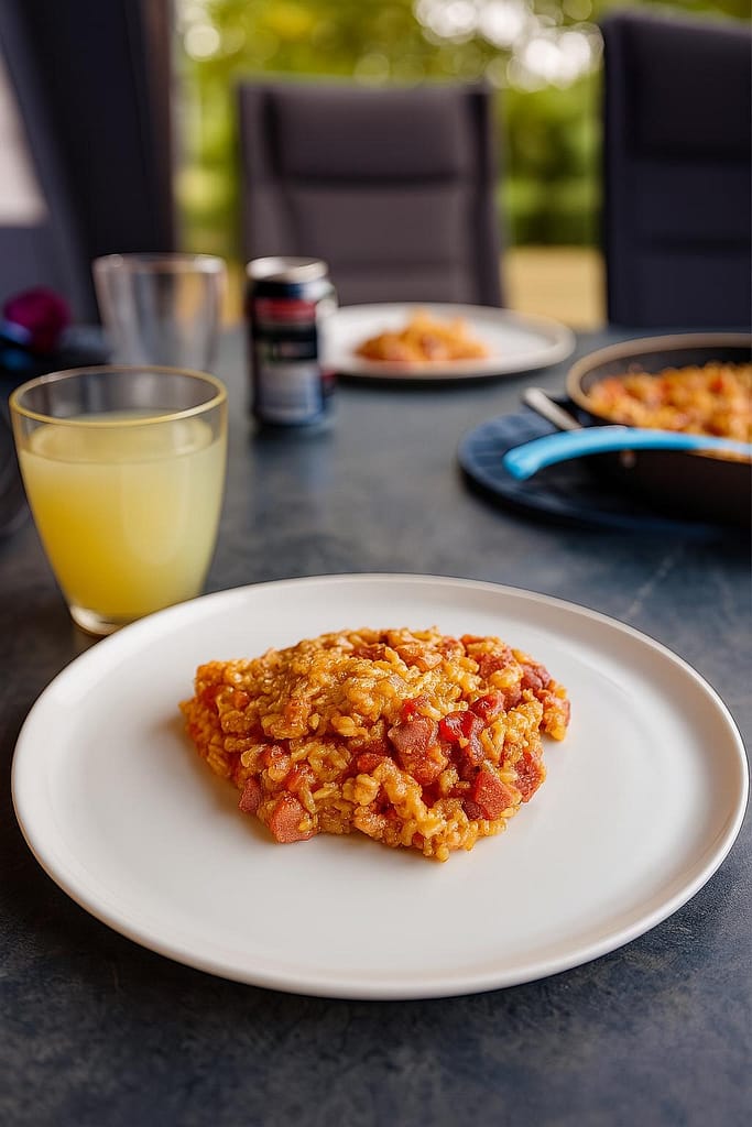 Cajun one-pot med røget pølse serveret på campingbord, lavet i Cadac Paella-pande