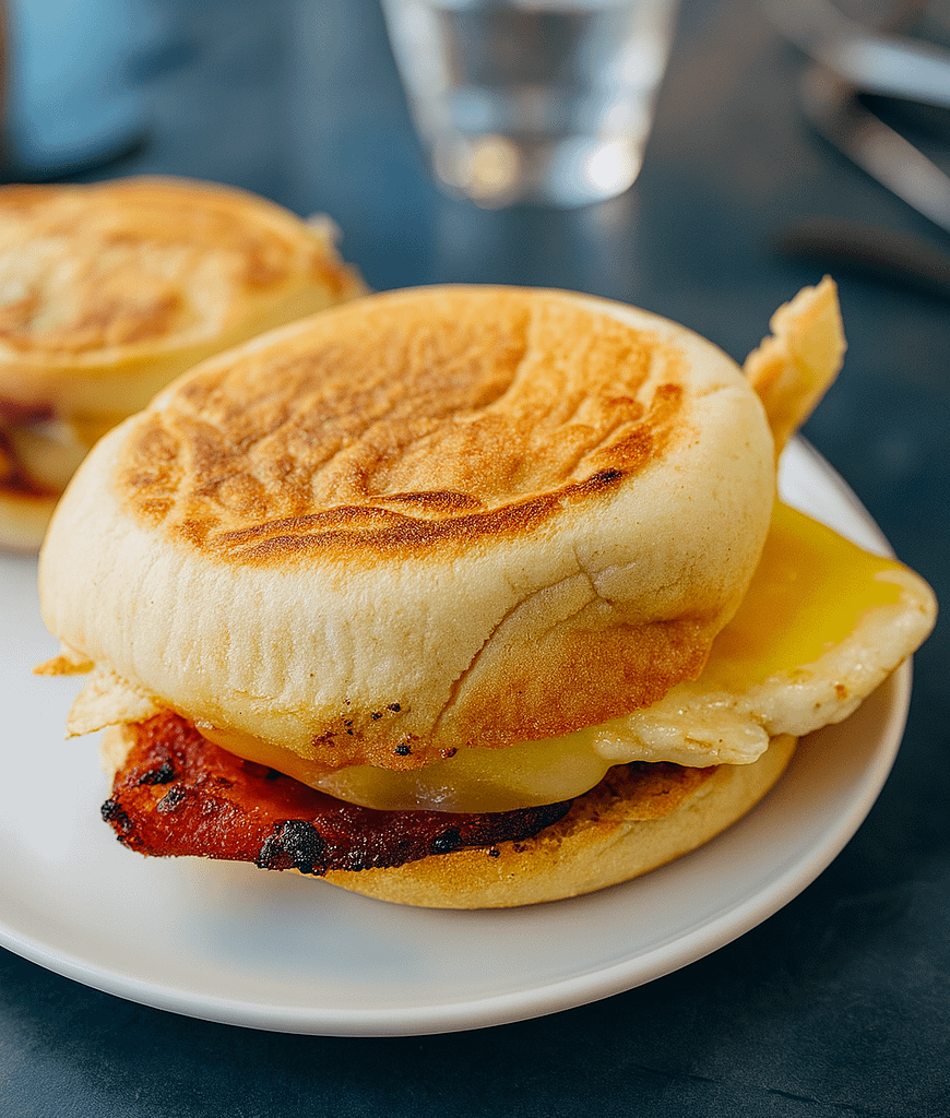 Hjemmebagte engelske breakfast muffins flækket og let ristede, klar til at blive fyldt med æg, bacon og ost.