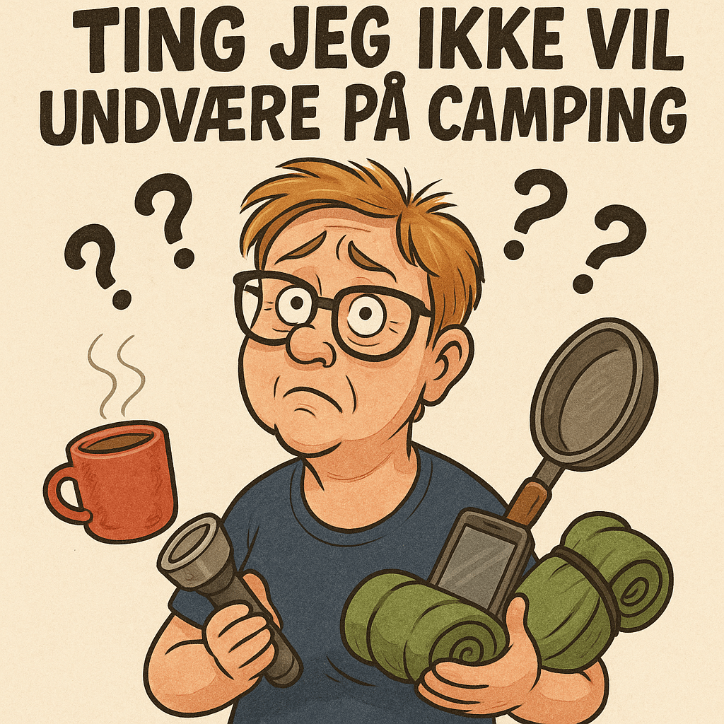 Karikaturtegning af  ting jeg ikke vil undvære på camping