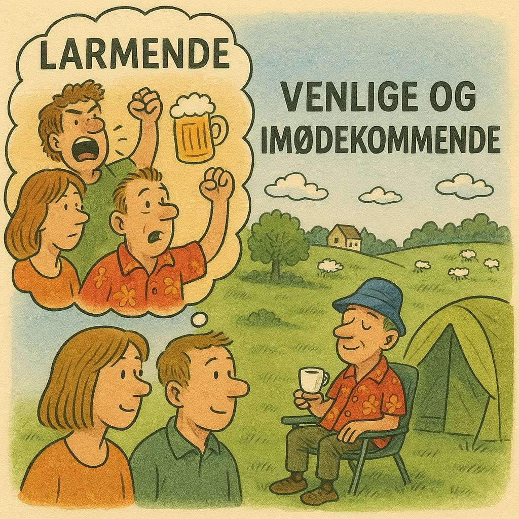 Karikaturtegning, der viser danske turisters fordomme om larmende englændere, mens de i virkeligheden oplever dem som venlige og imødekommende under camping i England. 